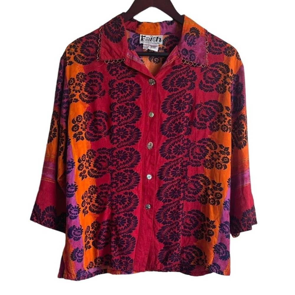 Faith Celia Forrester Women Arts Statement Top M Multicolor Floral Beaded Collar